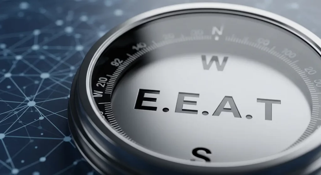 Boussole E-E-A-T photoréaliste avec les lettres Experience, Expertise, Authoritativeness, Trustworthiness clairement visibles, guidant la navigation.