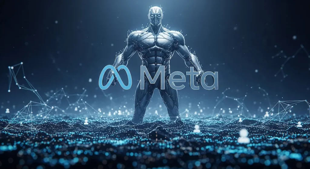 Meta, le titan incontesté des réseaux sociaux, symbolisé par un logo colossal et puissant dominant un paysage numérique interconnecté.