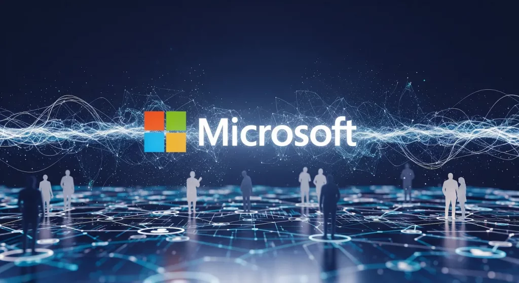 Microsoft, géant ressuscité, illustré par son logo moderne d'où émanent des flux numériques subtils mais puissants vers une arène sociale stylisée, symbolisant ses manœuvres stratégiques.