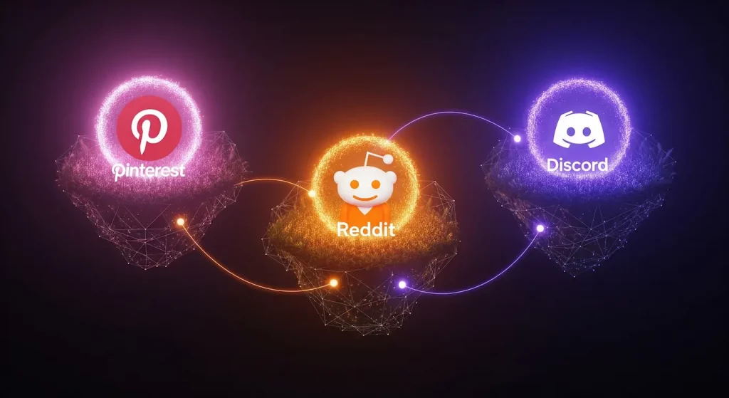  La force tranquille de Pinterest, Reddit et Discord, illustrée par trois bulles de communautés de niche interconnectées, rayonnant d'engagement sur un fond calme.
