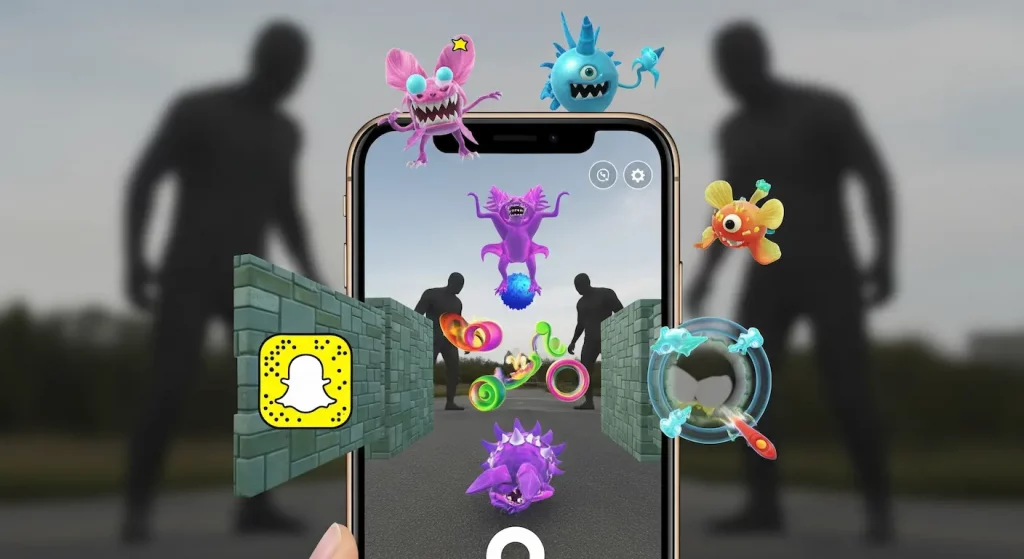 Snapchat, innovation dans l'éphémère et la réalité augmentée, illustré par un smartphone affichant des filtres AR vibrants, formant un rempart créatif contre les géants du numérique.