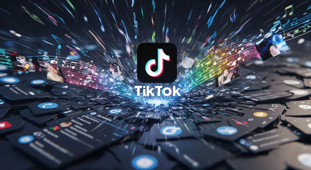  TikTok, le séisme chinois, illustré par son logo au centre d'ondes de choc dynamiques qui bousculent les codes sociaux traditionnels et imposent un nouveau rythme mondial.