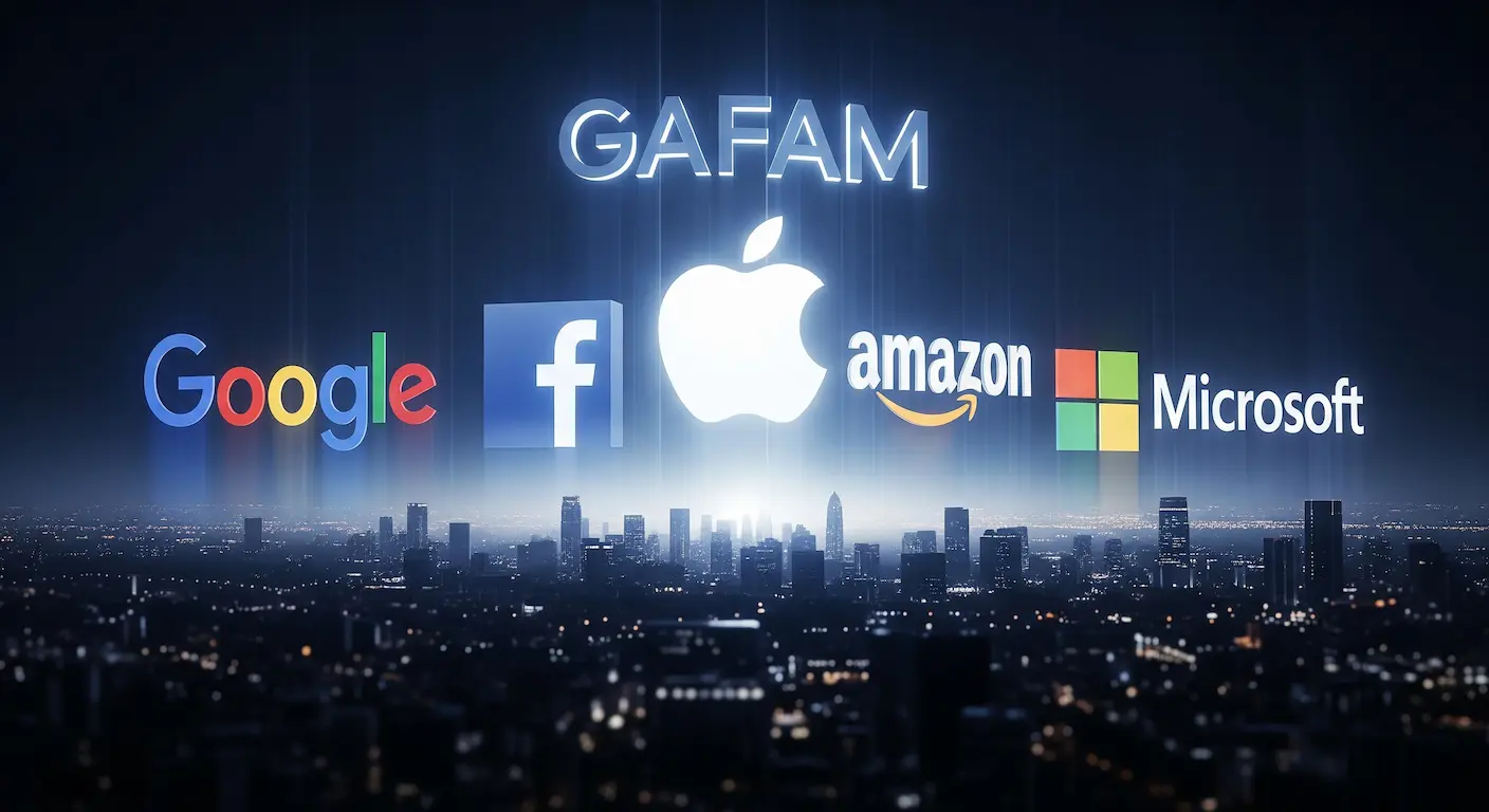 Puissance des GAFAM, Google, facebook, apple, amazon et microsoft illustrée par leurs logos lumineux et proéminents dominant un paysage urbain, soulignant leur influence majeure.