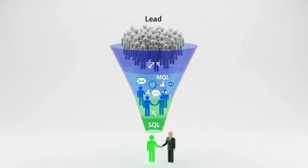 Infographie 3D d'un entonnoir de vente illustrant les trois types de leads : Leads en haut, Marketing Qualified Leads (MQLs) au milieu, et Sales Qualified Leads (SQLs) en bas, montrant la progression de la qualification client.