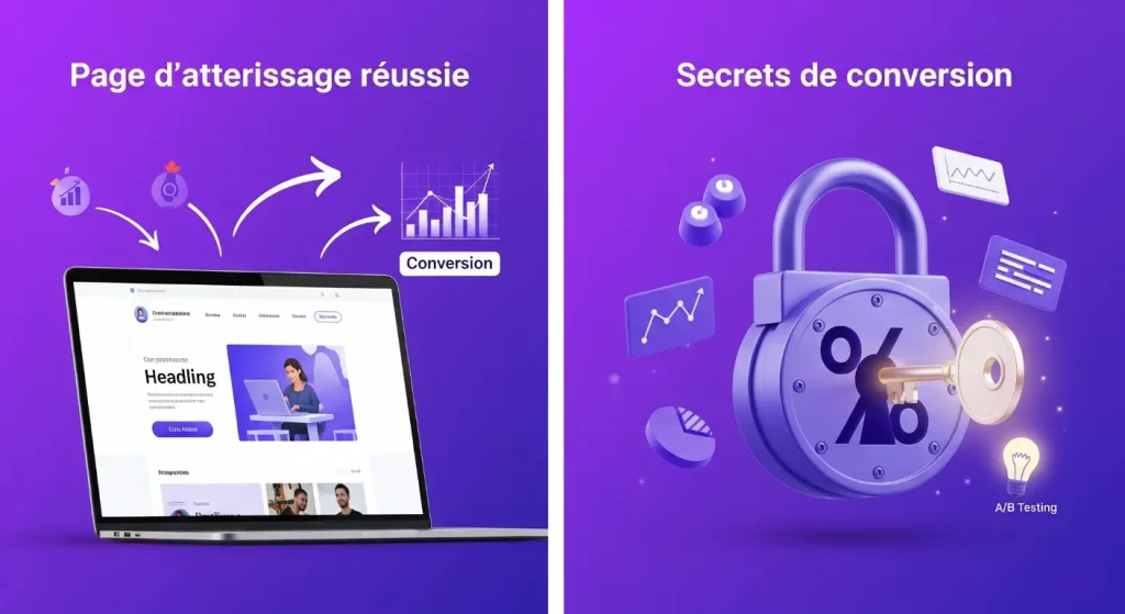 Illustration conceptuelle violette sur les secrets d'une landing page à haute conversion. L'image est divisée en deux : à gauche, une 'Page d'atterrissage réussie' sur un ordinateur ; à droite, un cadenas représentant les 'Secrets de conversion' avec des icônes de graphiques et de tests A/B.