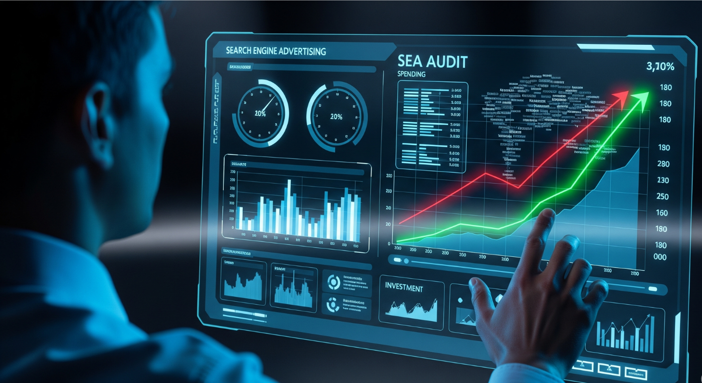 Expert marketing analysant un audit SEA sur une interface holographique futuriste, où une ligne de dépense rouge se transforme en courbe d'investissement verte, illustrant la transformation des dépenses publicitaires en un investissement rentable, un élément essentiel pour l'optimisation des campagnes SEA.
