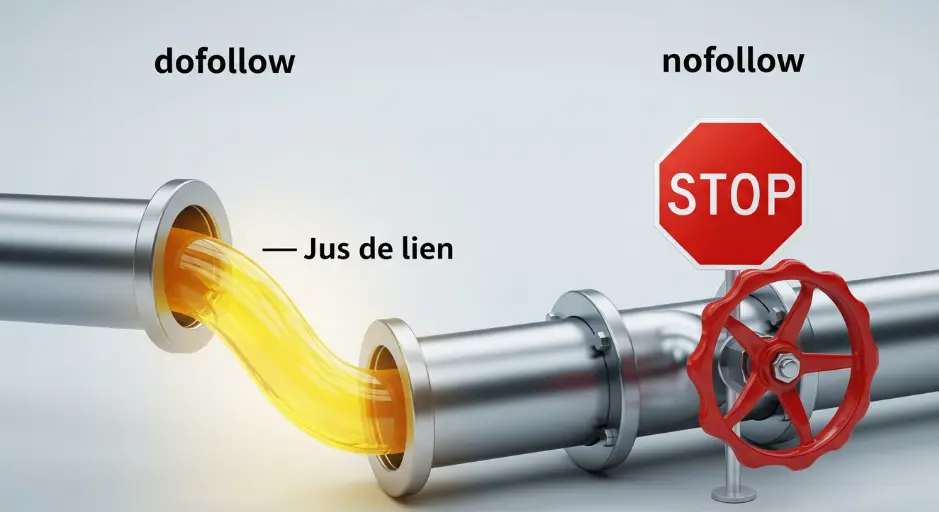 Comparaison SEO entre un lien dofollow qui laisse passer le 'Jus de lien' et un lien nofollow qui le bloque avec un panneau STOP et un robinet fermé.