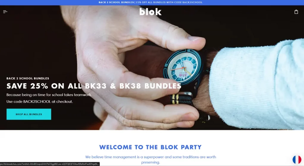 Blok Watches : Landing page des montres Blok, un exemple de design minimaliste et de vente basée sur la mission de la marque.