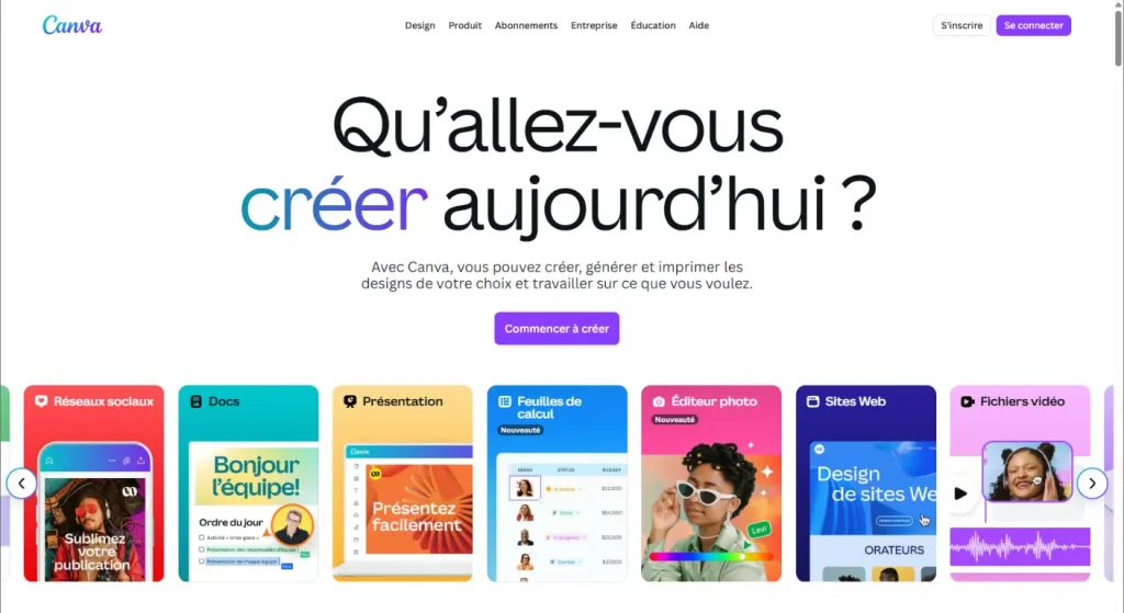 Canva : Landing page de Canva, qui utilise une question engageante ("Qu'allez-vous créer ?") pour inciter à l'action.