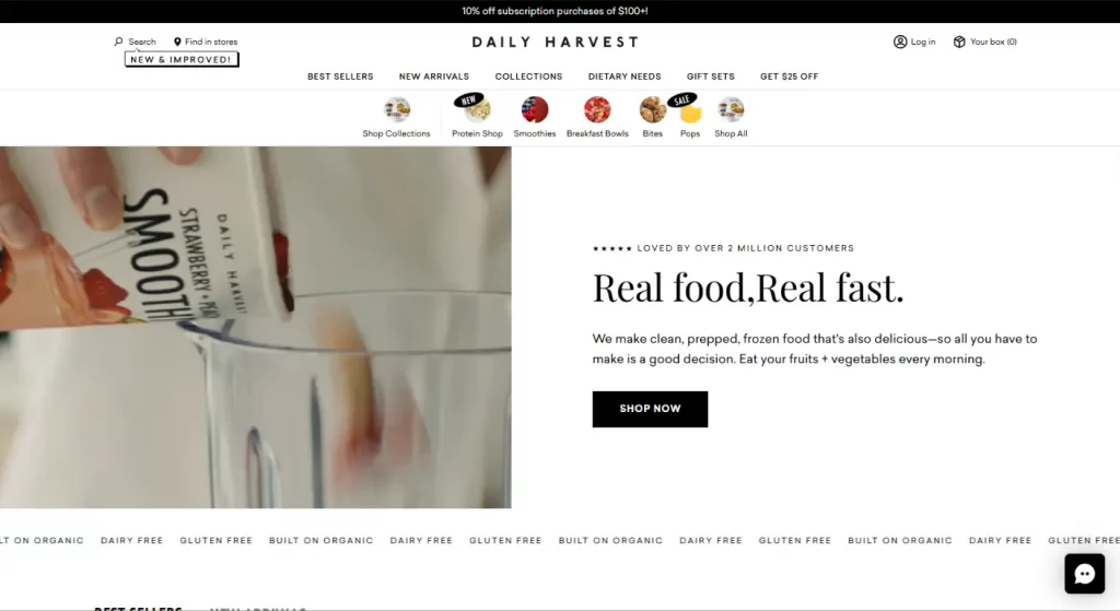 Daily Harvest : Capture d'écran de la landing page de Daily Harvest, qui promet une alimentation saine et rapide pour convertir.
