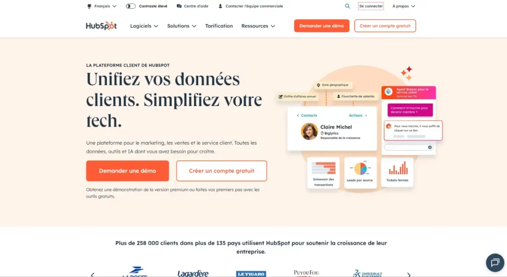HubSpot : Landing page de l'outil gratuit de HubSpot, un modèle de conversion sans friction avec la mention "sans carte de crédit".