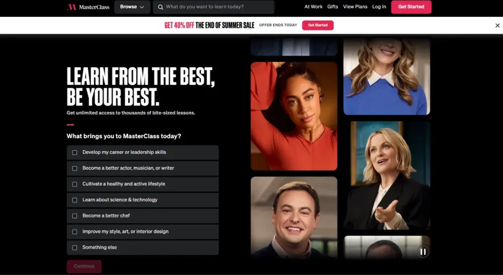 Masterclass : Capture d'écran de la landing page de Masterclass, qui utilise la notoriété de ses instructeurs comme preuve sociale.