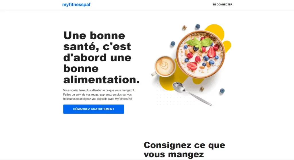 MyFitnessPal : Landing page de l'application MyFitnessPal, qui utilise des chiffres massifs (millions d'avis) pour asseoir son autorité.
