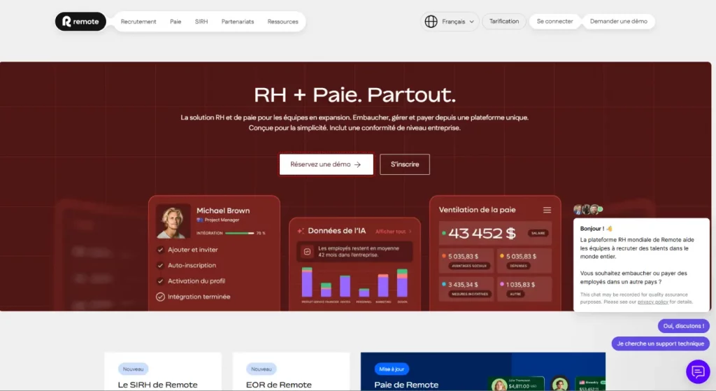 Remote : Capture d'écran de la landing page de Remote, exemple de message marketing ultra-concis pour la gestion RH internationale.
