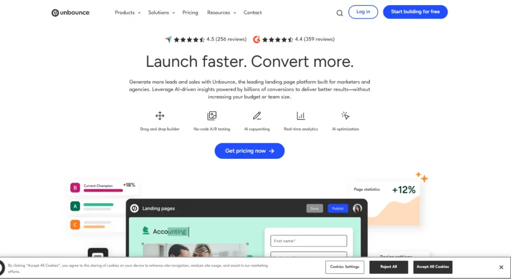 Unbounce : Landing page d'Unbounce, exemple de message direct et efficace ("Lancez plus vite. Convertissez plus.") pour les marketeurs.