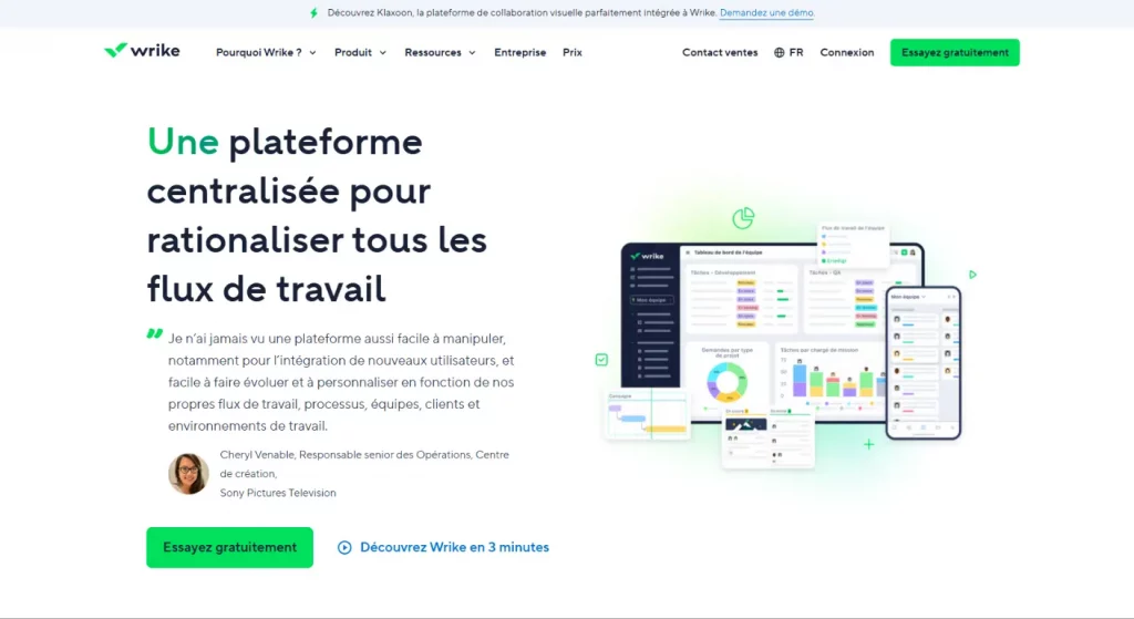 Wrike : Landing page de Wrike, un exemple de design et de preuve sociale (Gartner) ciblant les grandes entreprises.