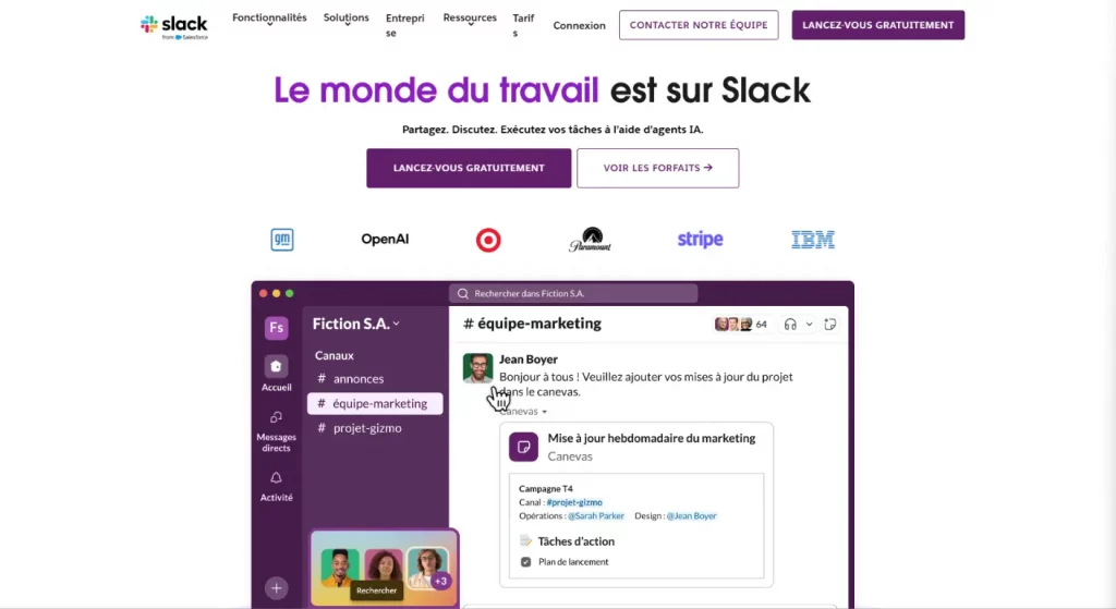 Slack : Capture d'écran de la landing page de Slack, exemple de proposition de valeur unifiée pour un hub de collaboration.