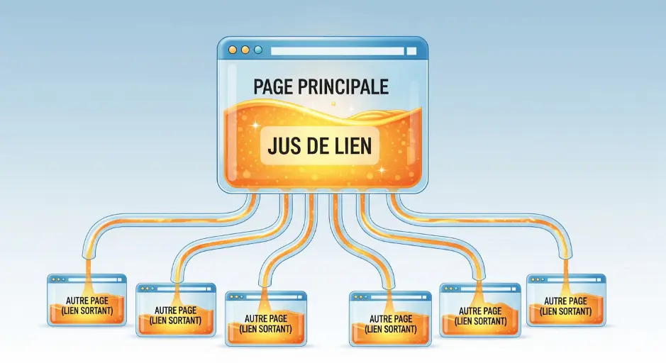 Schéma de la dilution du jus de lien SEO : une page principale transmet son 'Jus de Lien' à plusieurs autres pages via des liens sortants, divisant ainsi son autorité.