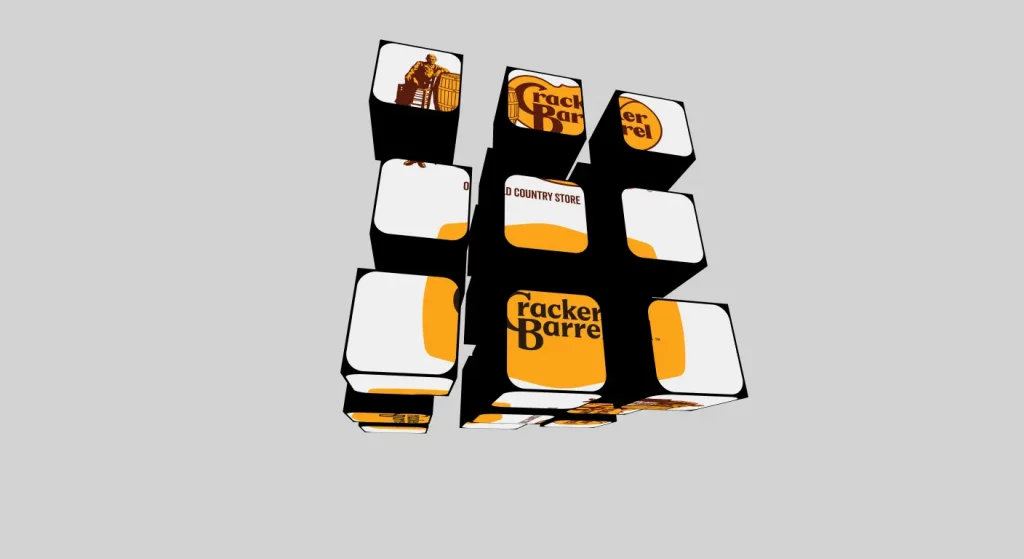 Une représentation artistique du logo Cracker Barrel déconstruit à la manière d'un Rubik's Cube, symbolisant la complexité de l'identité et de l'héritage de la marque.