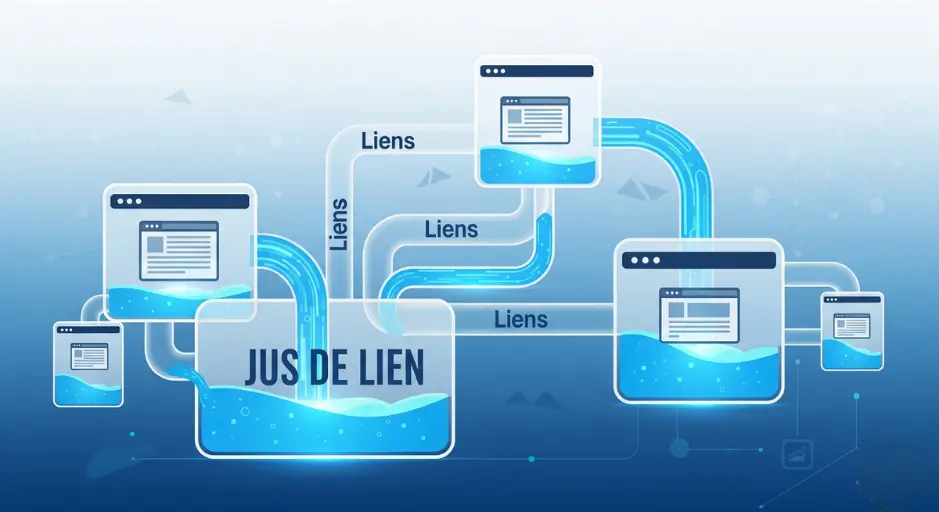 principe des vases communicants en SEO : le 'Jus de Lien' circule et s'équilibre entre différentes pages web interconnectées par des liens.