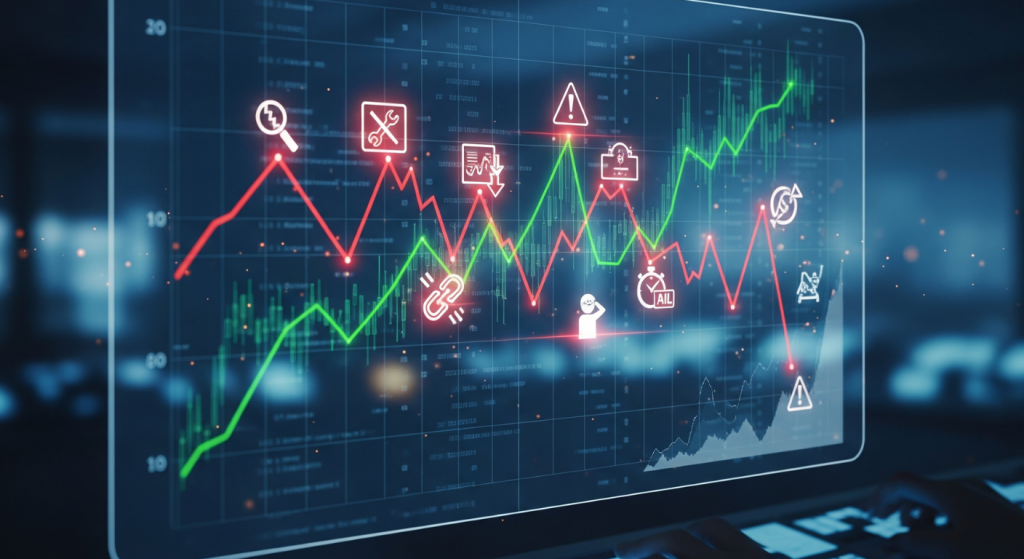Interface holographique affichant un graphique où des icônes d'erreur transforment une courbe de ROI positive (verte) en une tendance négative (rouge), illustrant les erreurs fréquentes qui sabotent un audit SEA, un élément essentiel pour l'optimisation du retour sur investissement.