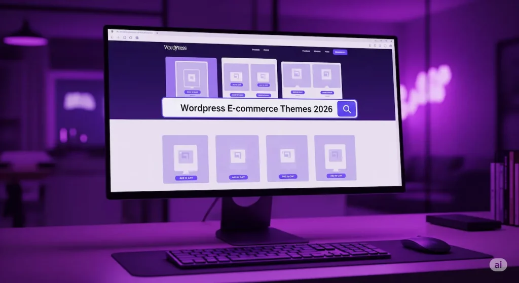 Écran d'ordinateur présentant une sélection des meilleurs theme e commerce WordPress pour 2026, dans un environnement de bureau moderne aux tons violets.
