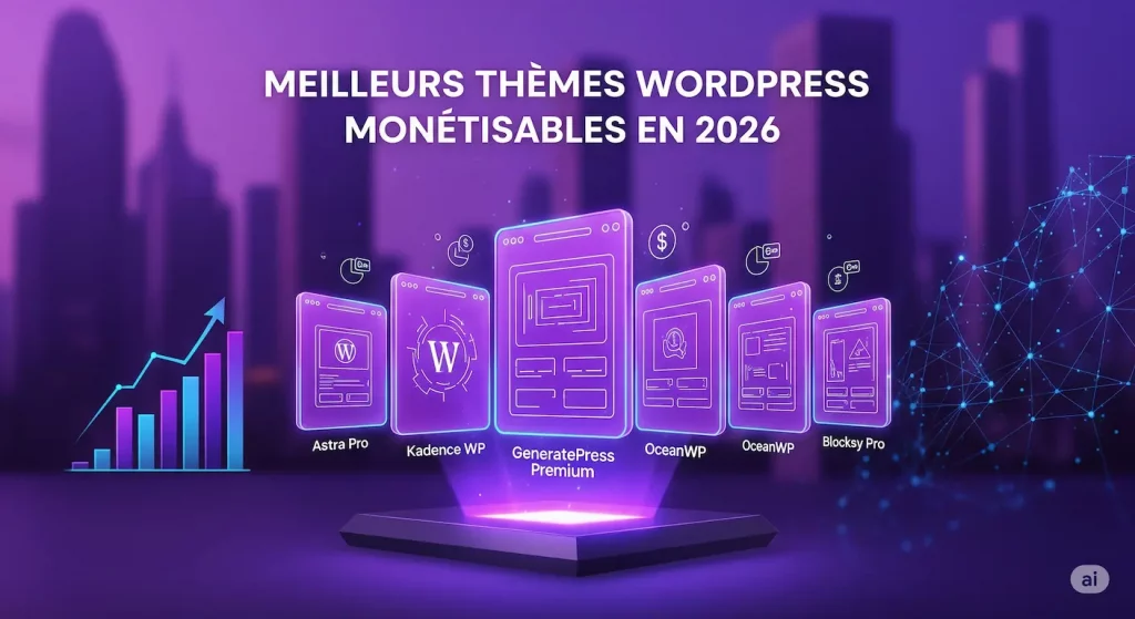 Illustration futuriste des meilleurs thèmes WordPress monétisables en 2026 avec un graphique de croissance.