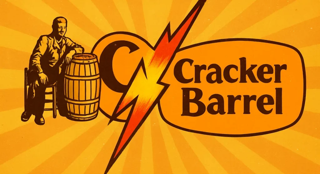 Logo Cracker Barrel avec un homme assis sur une chaise à côté d’un tonneau, accompagné du nom de la marque dans un style rétro orange et marron, représentant l’identité visuelle emblématique de la chaîne de restaurants américaine.