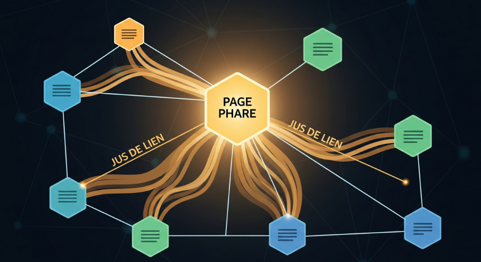 Schéma du maillage interne SEO : une 'Page Phare' centrale distribue son autorité, sous forme de 'Jus de Lien', à d'autres pages du même site pour renforcer la structure et le référencement."