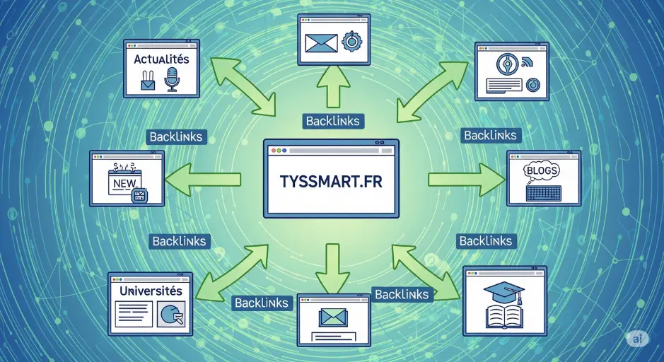 Schéma de Netlinking pour TYSSMART.FR : des sites externes d'autorité (actualités, blogs, universités) envoient des backlinks pour transférer de la puissance et améliorer le référencement SEO.
