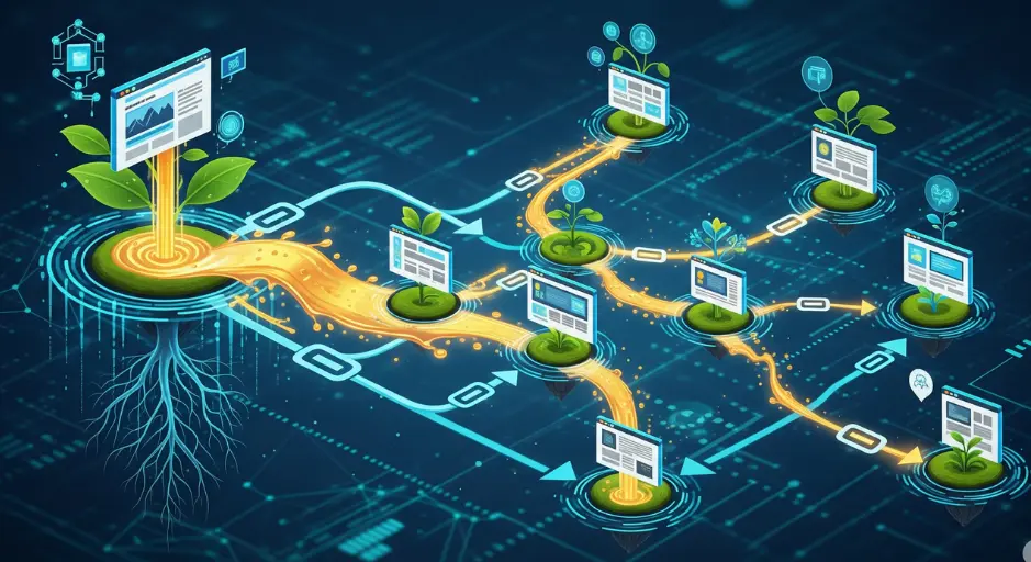 Infographie sur le jus SEO : un site web central est représenté comme une plante qui distribue un liquide doré, le jus de lien, à d'autres sites web via des connexions lumineuses pour symboliser le transfert d'autorité.