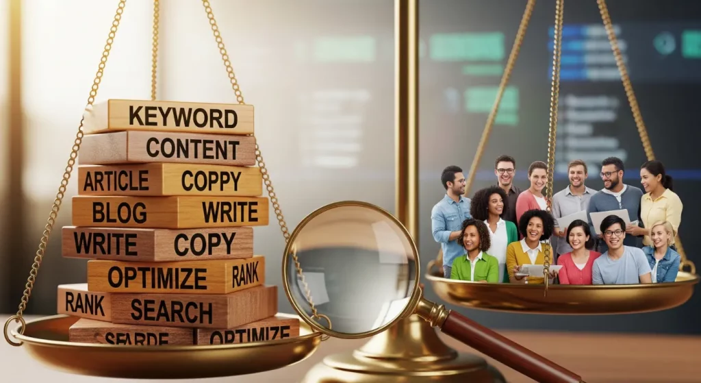 Une balance dorée illustre les Tarifs Rédaction SEO : d'un côté, une pile de mots-clés sur des blocs de bois ; de l'autre, un groupe de clients souriants. Cette métaphore visuelle souligne l'importance de ne plus payer pour de simples mots, mais d'investir dans l'acquisition de véritables clients.