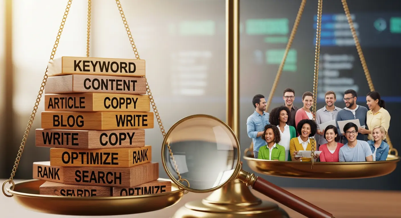 Une balance dorée illustre les Tarifs Rédaction SEO : d'un côté, une pile de mots-clés sur des blocs de bois ; de l'autre, un groupe de clients souriants. Cette métaphore visuelle souligne l'importance de ne plus payer pour de simples mots, mais d'investir dans l'acquisition de véritables clients.