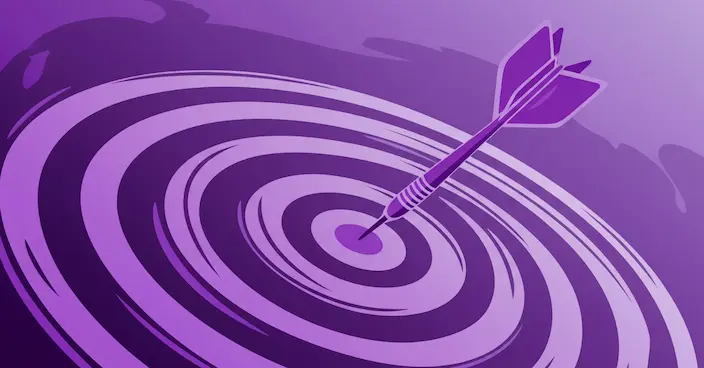 Cible violette avec une flèche en plein dans le mille, symbolisant la définition d'un objectif clair pour un jeu concours Instagram.