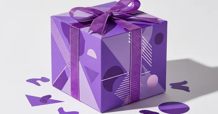 Boîte cadeau violette avec un design moderne, représentant une dotation attractive et irrésistible pour un concours.