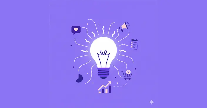 Ampoule lumineuse entourée d'icônes de marketing, symbolisant l'idée créative d'un post de jeu concours qui convertit.


