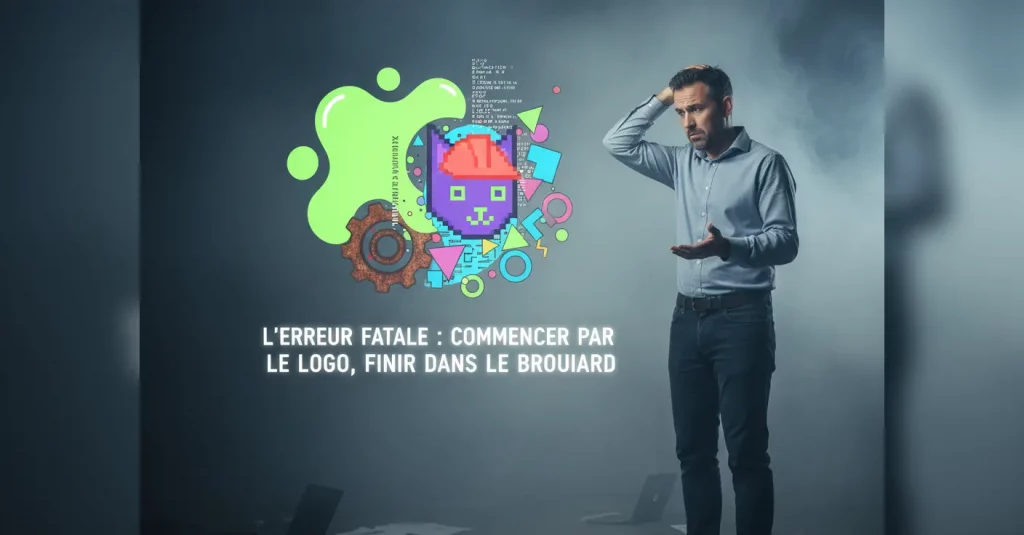 Un entrepreneur se tient devant un mur, l'air perplexe et confus en regardant un logo d'entreprise abstrait et incompréhensible, illustrant l'erreur de commencer une image de marque par le visuel sans stratégie claire.