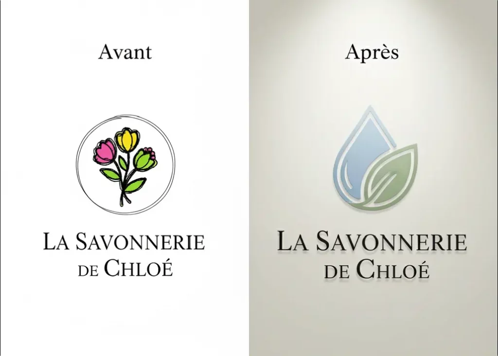 Comparaison visuelle de deux logos pour 'La Savonnerie de Chloé'. À gauche, un logo 'avant' jugé simple avec des fleurs colorées. À droite, un logo 'après' plus sophistiqué et esthétique, avec une goutte d'eau et une feuille, symbolisant la douceur, le naturel et la transformation d'une image de marque.