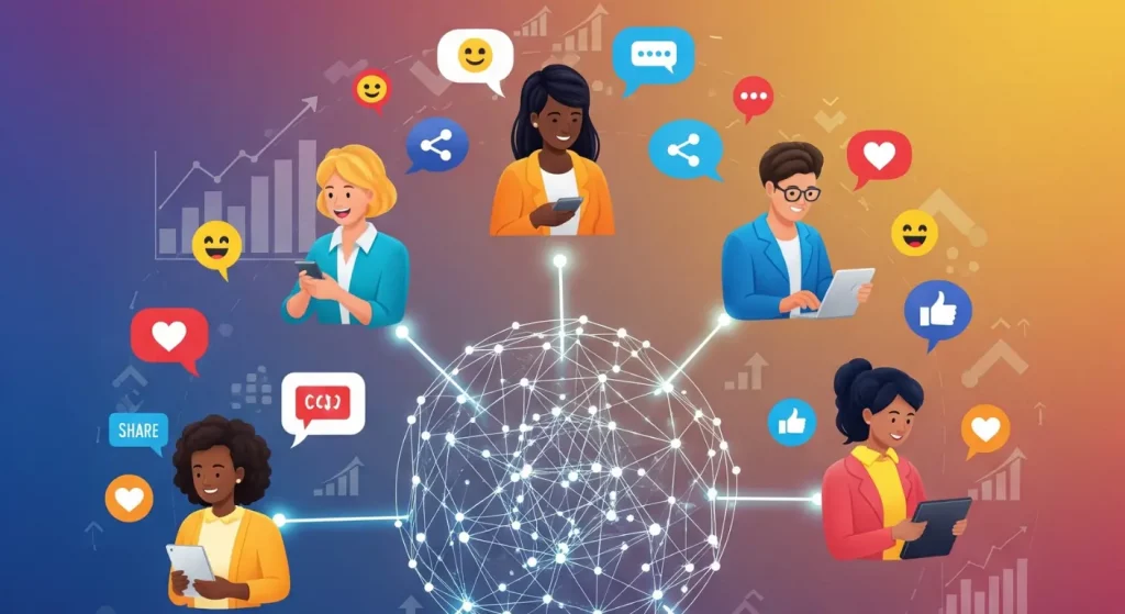 Illustration conceptuelle de l'engagement communautaire montrant plusieurs personnes qui utilisent des appareils pour interagir avec leur communauté sur les réseaux sociaux. Leur connexion à un noyau central symbolise une stratégie de community management réussie, générant des likes, des commentaires et des partages.