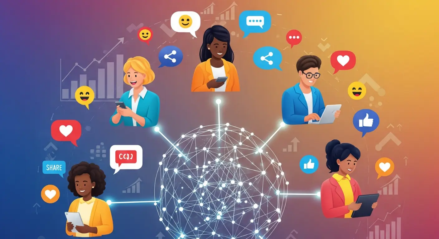 Illustration conceptuelle de l'engagement communautaire montrant plusieurs personnes qui utilisent des appareils pour interagir avec leur communauté sur les réseaux sociaux. Leur connexion à un noyau central symbolise une stratégie de community management réussie, générant des likes, des commentaires et des partages.