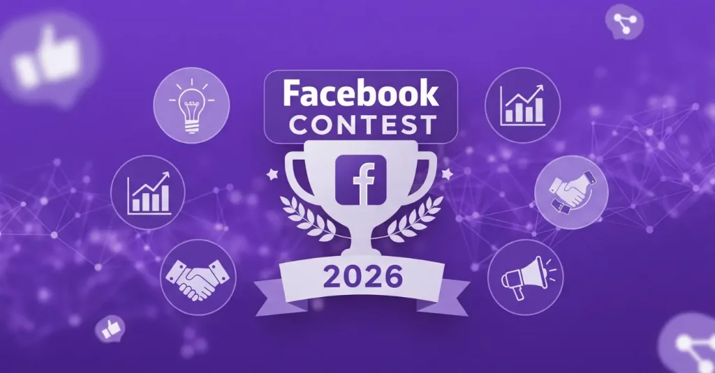 Bannière illustrative pour un guide sur le Jeu Concours Facebook en 2026, montrant un trophée au centre avec des icônes symbolisant la croissance et l'engagement des entrepreneurs.