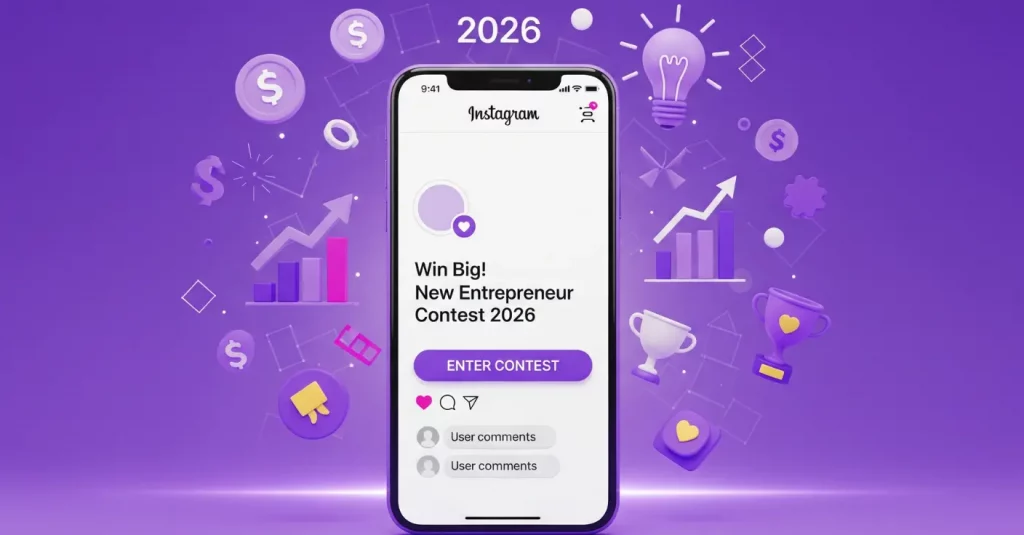 Image d'un smartphone affichant un jeu concours Instagram pour entrepreneurs en 2026, entouré d'icônes de succès (trophées, graphiques) sur un fond violet.