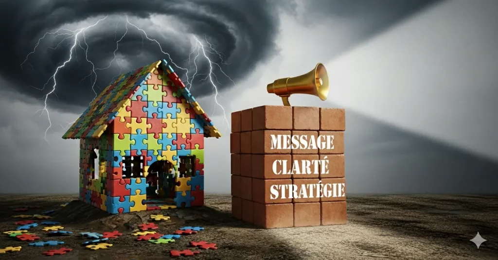 Illustration du contraste entre une image de marque fragile (maison en pièces de puzzle sous l'orage) et une marque solide (fondations de briques avec un mégaphone diffusant un message clair) représentant le message, la clarté et la stratégie.