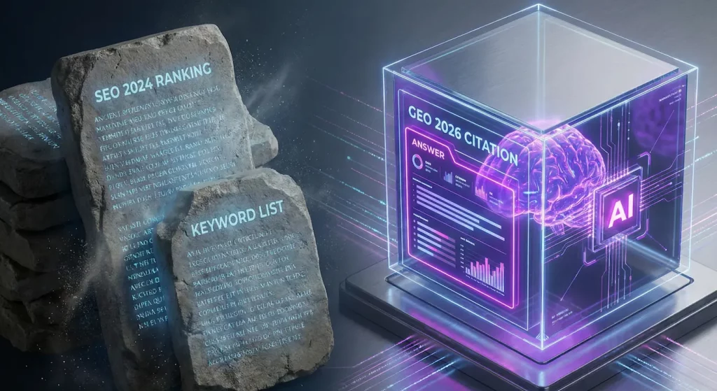 Illustration symbolique de l'évolution des moteurs de recherche : des vieilles tablettes de pierre représentant le classement SEO classique face à un cube holographique IA représentant la citation et l'autorité du GEO.