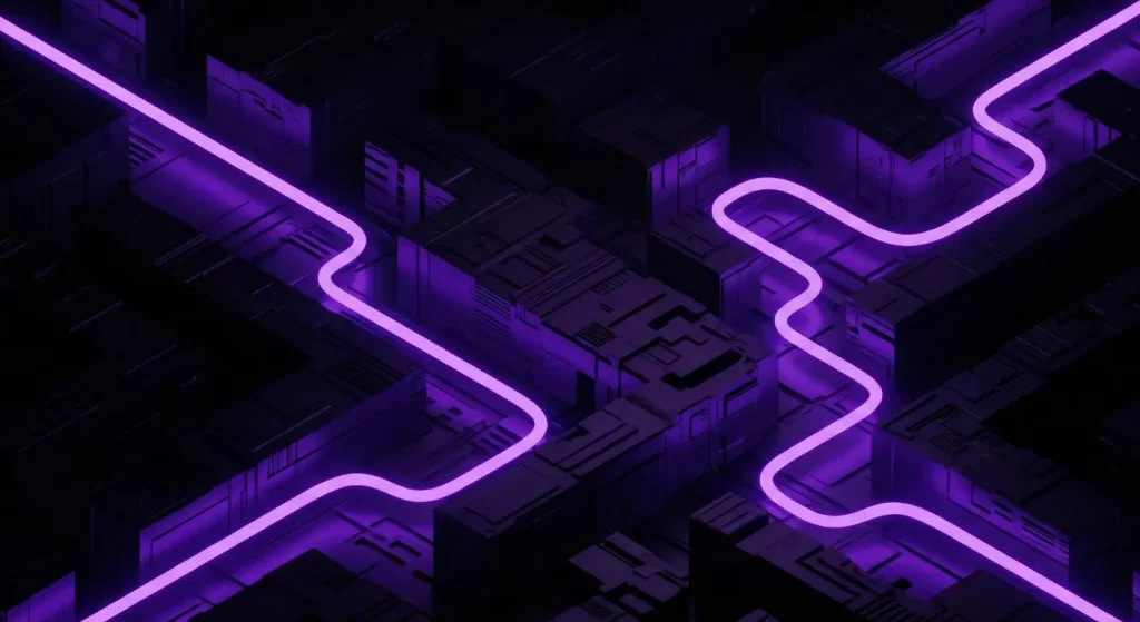 Illustration futuriste d'un fil d'ariane SEO guidant l'utilisateur à travers l'architecture d'un site web