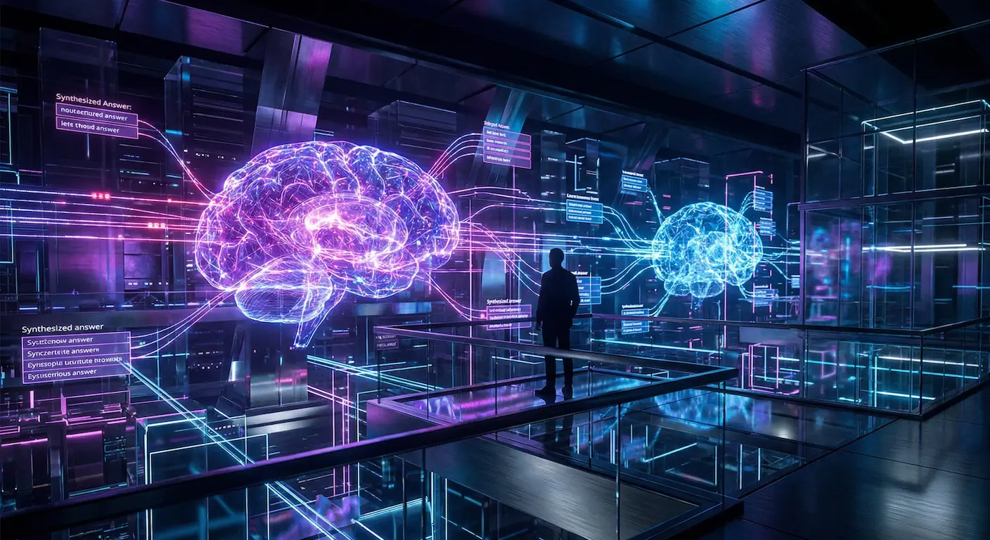 Représentation futuriste d'un architecte marketing en 2026 supervisant des flux de données IA et des algorithmes génératifs dans un centre de commande, illustrant le passage du SEO au GEO.