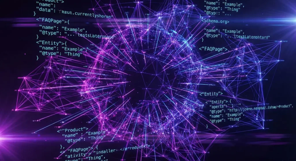 Visualisation abstraite du web sémantique montrant un réseau de nœuds interconnectés par du code JSON-LD et des balises Schema.org, indispensable pour la compréhension par les Intelligences Artificielles.

💡 Le Conseil de l'Expert pour l'Intégration :