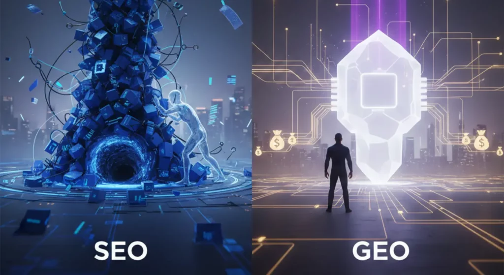 Comparaison visuelle entre le SEO classique et la GEO TYSSMART : à gauche, une structure désordonnée symbolisant le chaos digital ; à droite, une architecture lumineuse et structurée représentant l'autorité citée par l'IA.